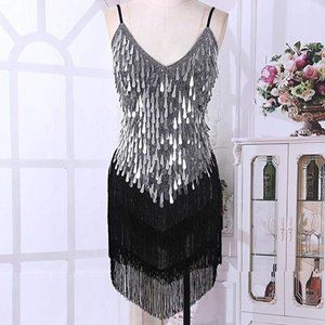 Gatsby 1920s salsa fringe silver flapper dress